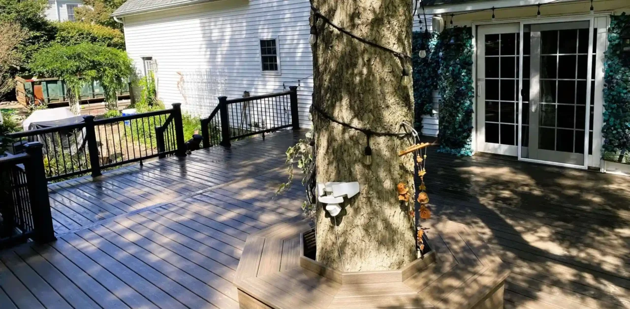 photo of a deck with a tree bench - Custom Decks Builder in Basking Ridge, NJ